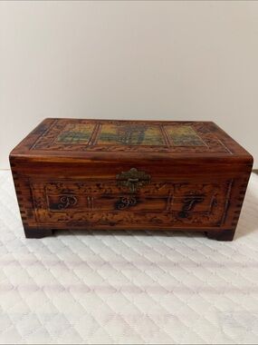 Mirrored Cedar Carved Wooden Jewelry Box with Painted Panel - Warm Brown
